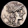 L. Trebanius. Denarius. Rome, 135 BC.(3,81 gr) Helmeted head of Roma right; X behind / Jupiter driving galloping quadriga right, holding sceptre and reins, and preparing to hurl thunderbolt; L•TREBANI below, ROMA in exergue. Crawford 241/1a; RSC Trebania 1.