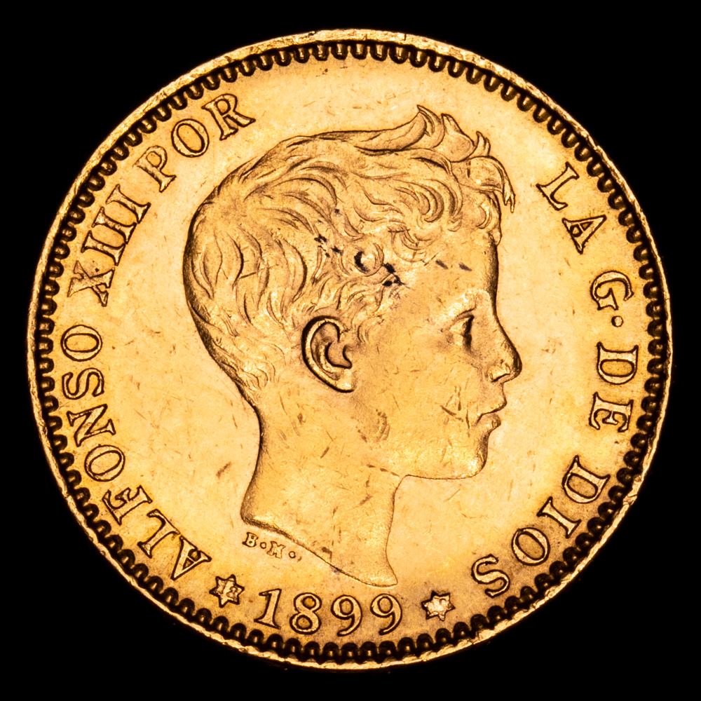 Alfonso XIII. 20 Pesetas. (6,5 g.). Madrid. 1899 *18-99*. Ensayador SM·V. AC-116. EBC. Restos de brillo original.