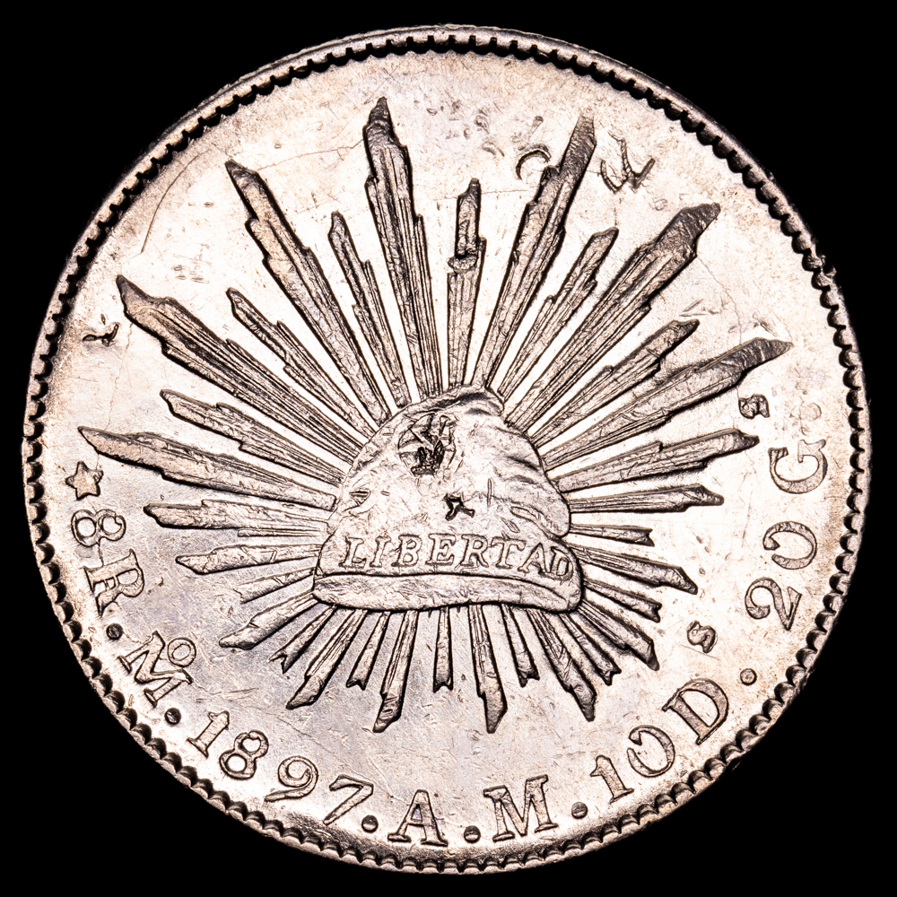 República de México. 8 Reales. (27 g.). Mexico. 1897. Ensayador A·M. KM-377.3. MBC+.