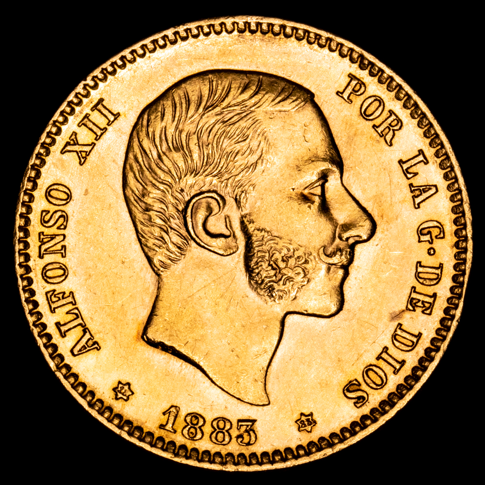 Alfonso XII. 25 Pesetas. (8,05 g.). Madrid. 1883 *18-83*. Ensayador MS·M. AC-87. EBC-. Restos de brillo original. Escasa