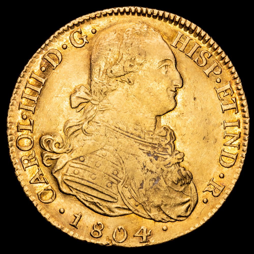 Carlos IV. 8 Escudos. (27,00 g.). Popayán. 1804. Ensayador J·F. AC-1679. VF+. Restos de brillo original.