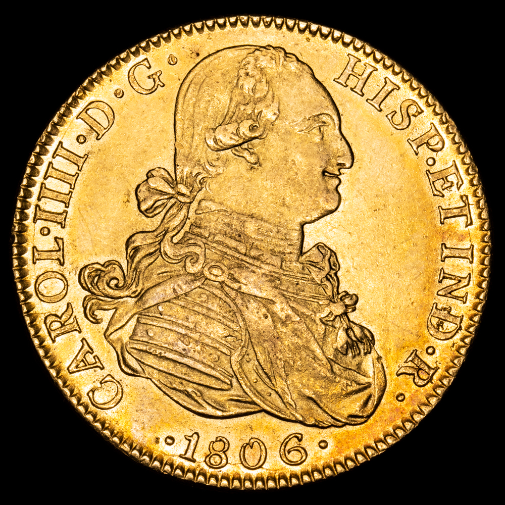 Carlos IV. 8 Escudos. (27,09 g.). México. 1806. Ensayador T·H. AC-1042. EBC+. Restos de brillo original. Bello color.