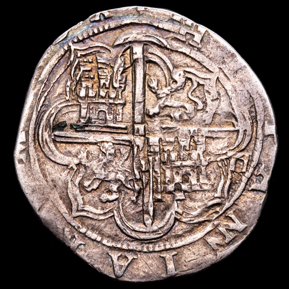 Felipe II. 2 Reales. (6,87 g.). Sevilla. Antes 1588. “Cuadrado”. AC-400. MBC+. Bella. Ensayador D cuadrada  en reverso.
