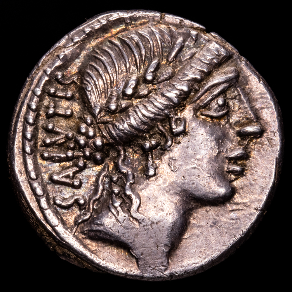 Acilia. Denario. (3,83 g.). Roma. 55 a.C.. Craw-4421A. EBC+. A: SALVATIS / R: ACILIVS III VIR VALLETA
