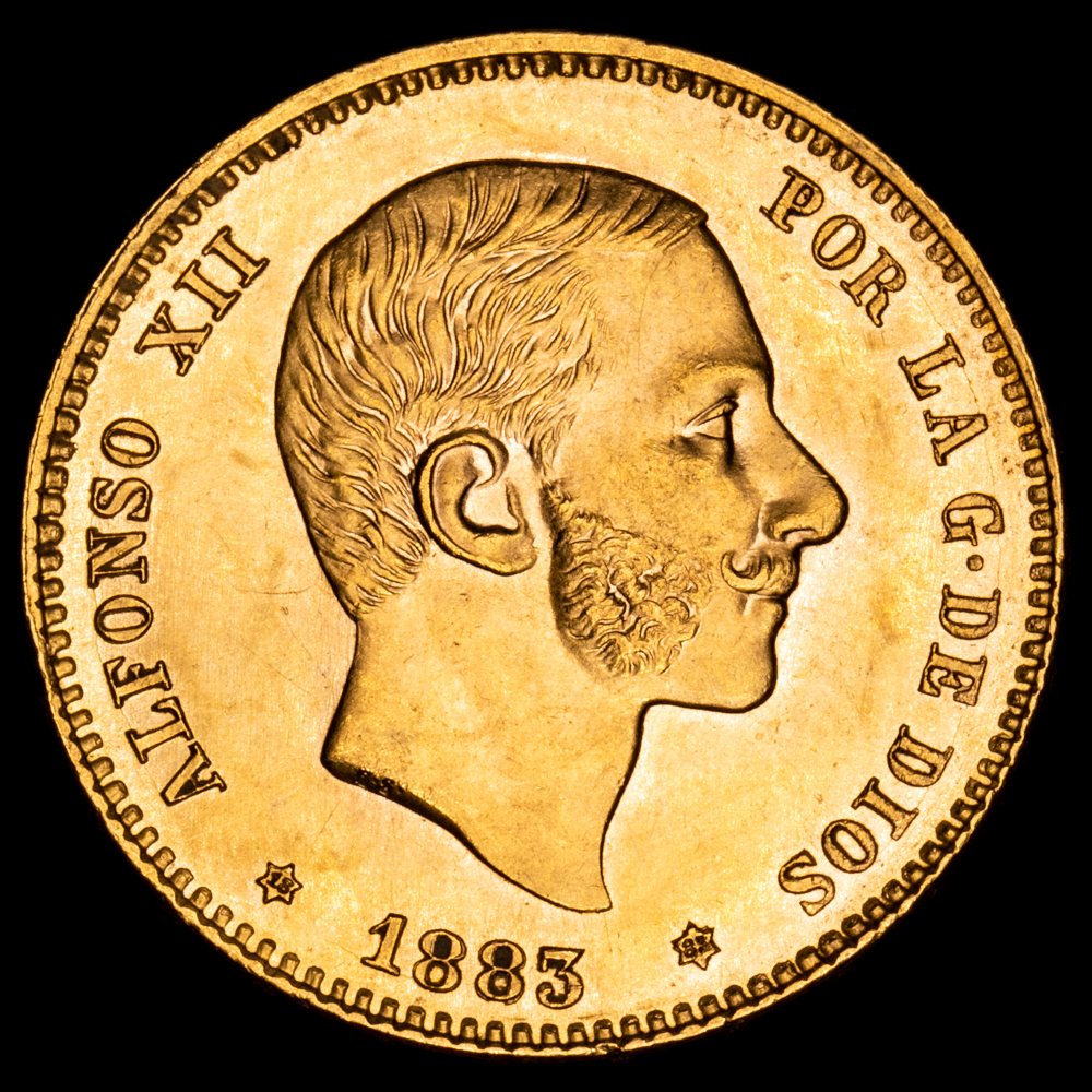 Alfonso XII. 25 Pesetas. (8,08 g.). Madrid. 1883 *18-83*. Ensayador MS·M. AC-87. SC-. Brillo original. Precioso color.