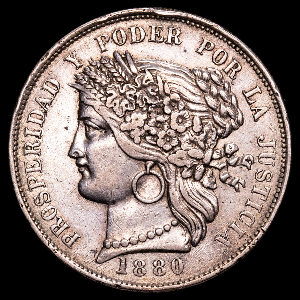 República de Perú. 5 Pesetas. (24,85 g.). Lima. 1880. Ensayador B·F. KM-201.1. VF+.