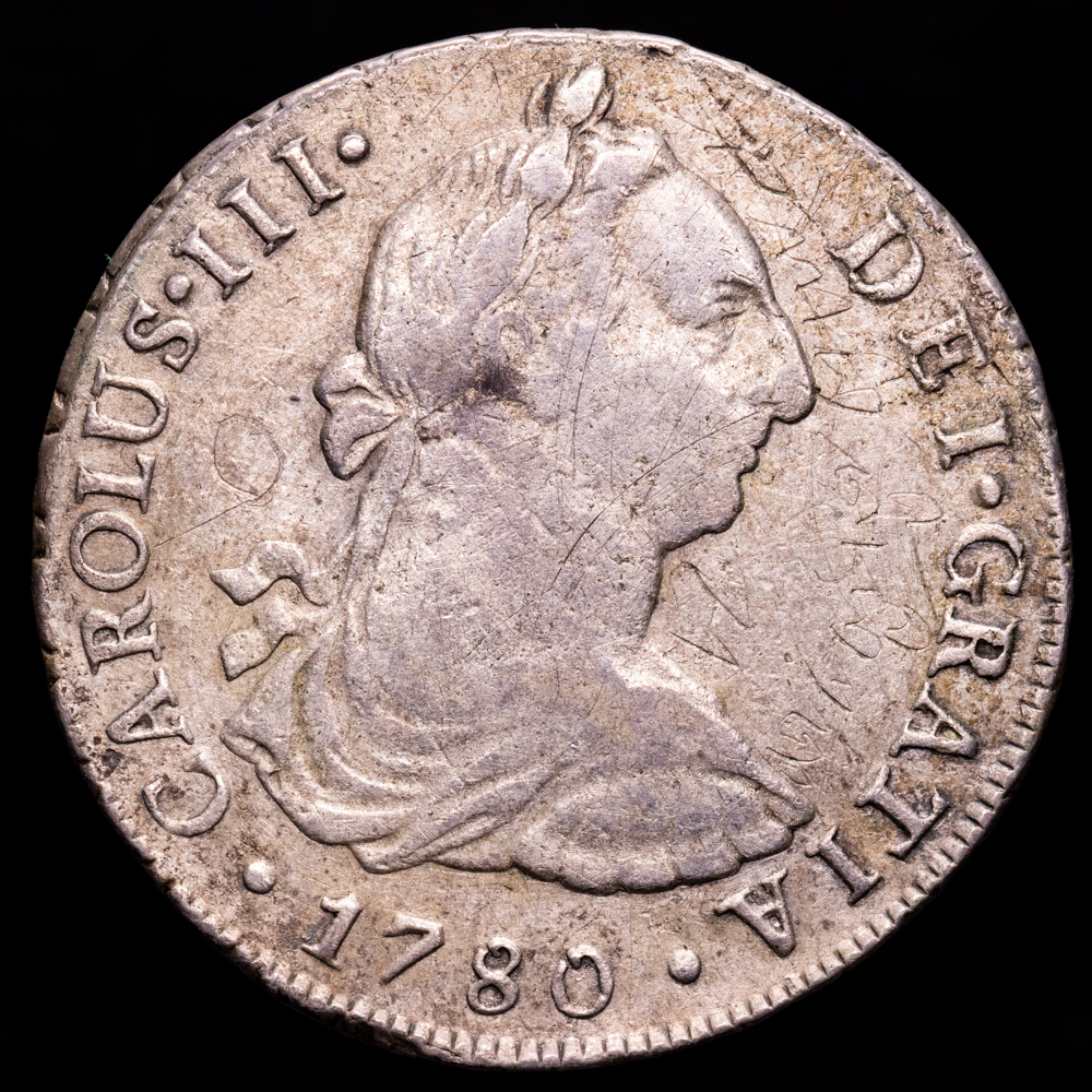 Carlos III. 8 Reales. (26,77 g.). Lima. 1780. Ensayador M·I. AC-1047. MBC. Grafitis en anverso.