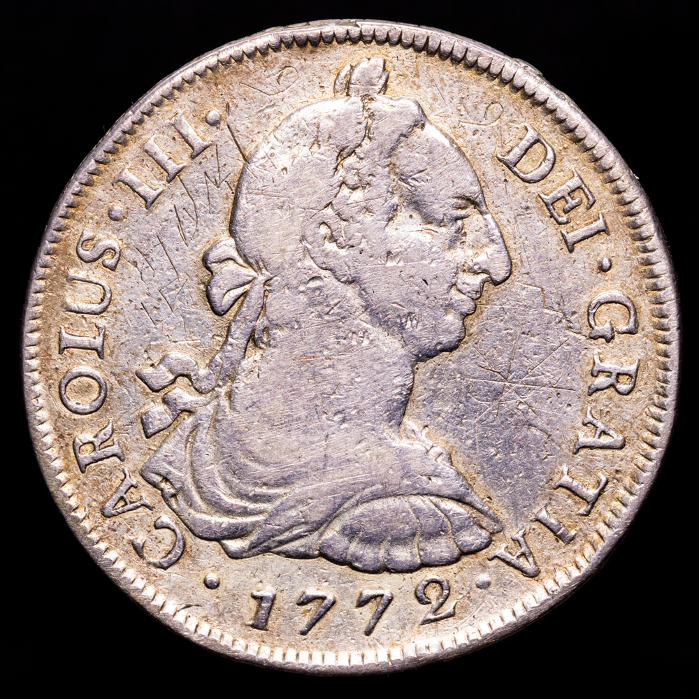 Carlos III. 8 Reales. (26,72 g.). Lima. 1772. Ensayador J·M. AC-1035. BC+. Canto parcialmente perdido. Estuvo en aro.