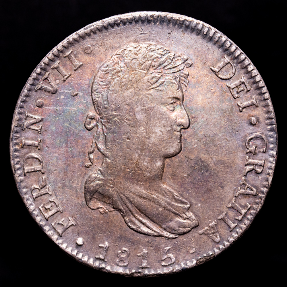 Fernando VII. 8 Reales. (26,78 g.). México. 1815. Ensayador J·J. AC-1329. MBC+. Pátina iridiscente.