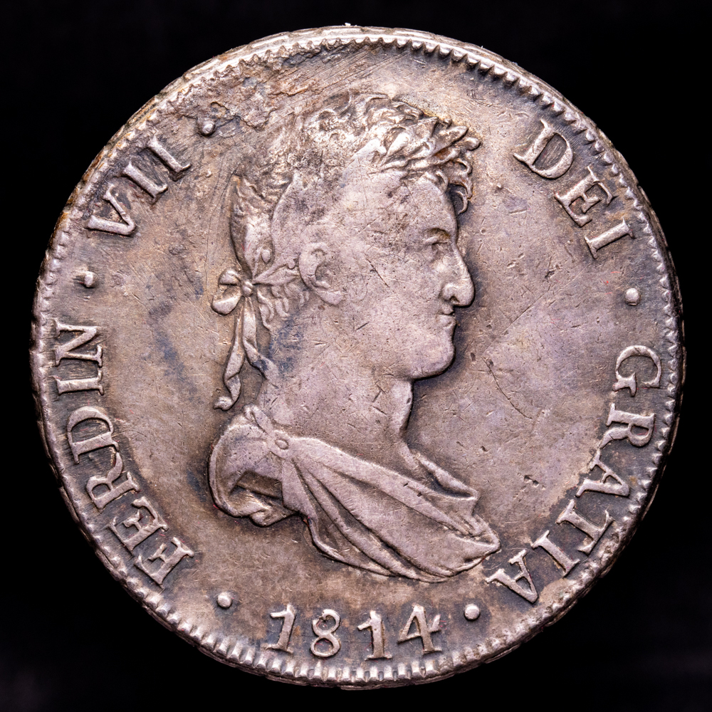 Fernando VII. 8 Reales. (26,92 g.). Potosí. 1814. Ensayador P·J. AC-1378. MBC+. Pátina oscura.