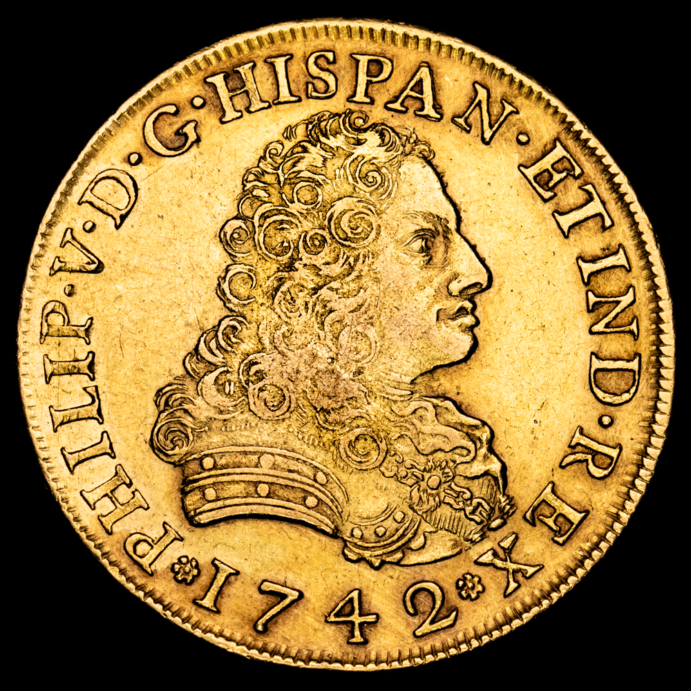 Felipe V. 8 escudos (26,95 g.). México. 1742. Ensayador M·F. AC-2245. MBC+. Rara. Bonito color.