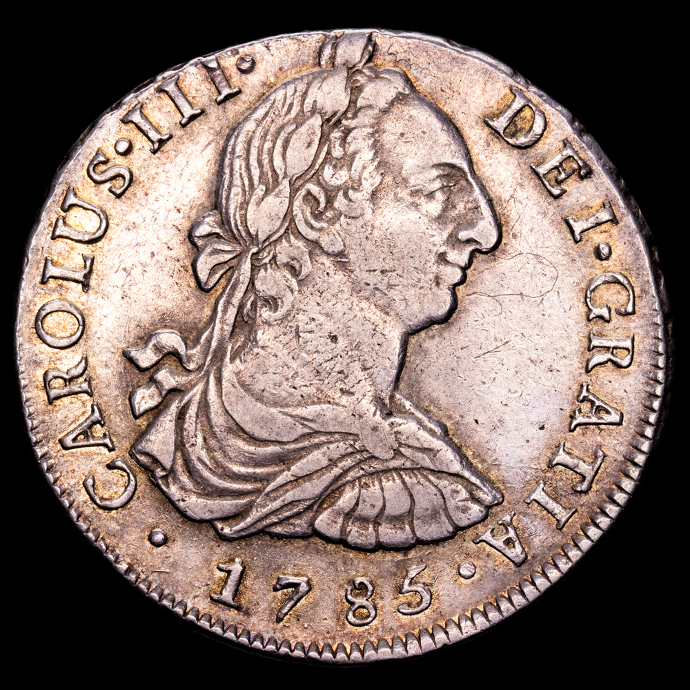 Carlos III. 8 Reales. (26,82 g.). Lima. 1785. Ensayador M·I. AC-1054. MBC+/EBC. Buen ejemplar.