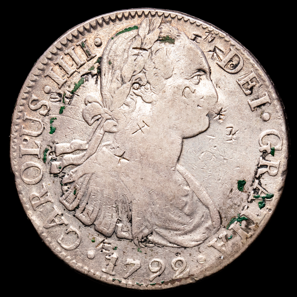 Carlos IV. 8 Reales. (26,73 g.). México. 1792. Ensayador F·M. Aureo y Calicó 954. MBC+. Resellos chinos.