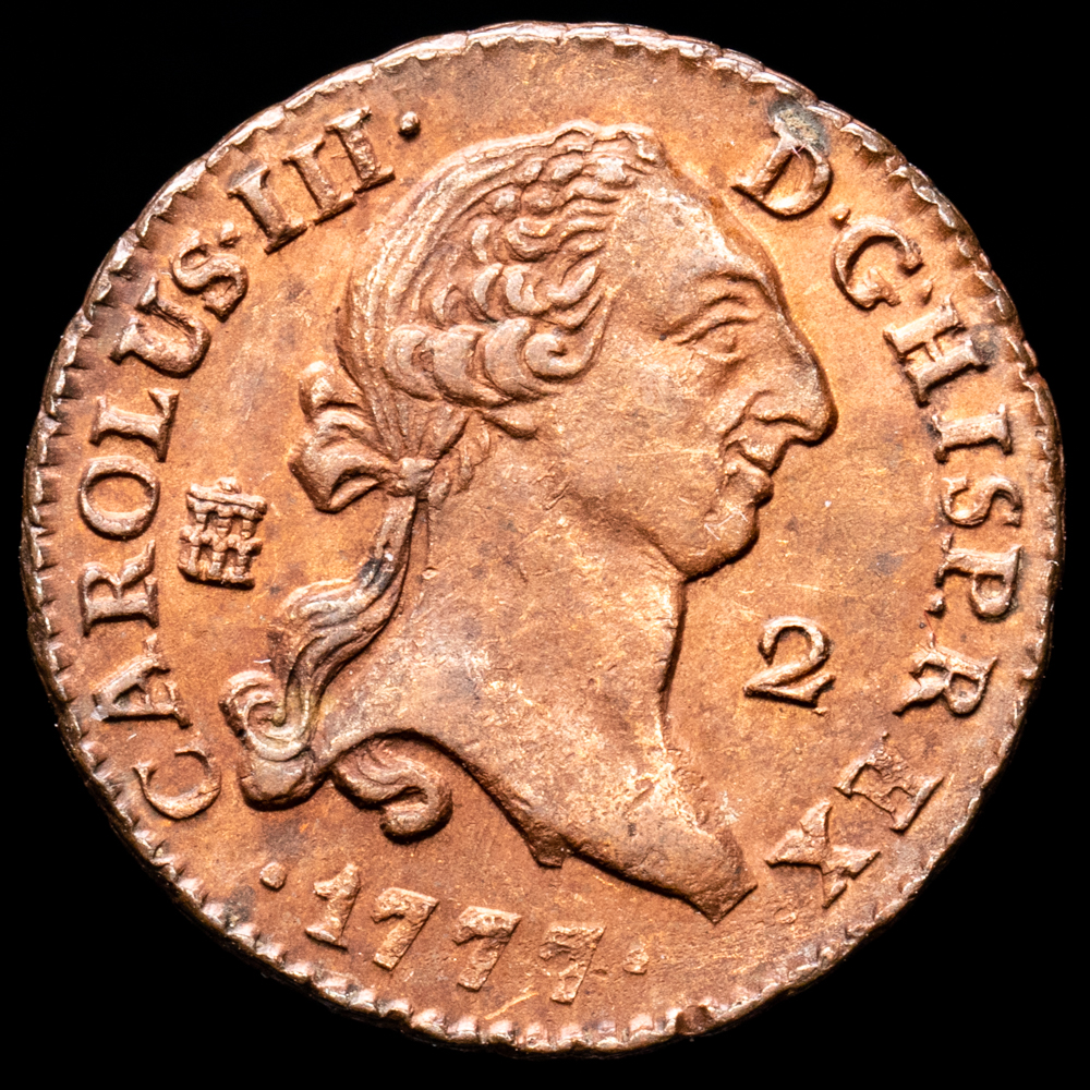 Carlos III. 2 Maravedís. (2,48 g.). Segovia. 1777. Aureo y Calicó 41. MBC+.