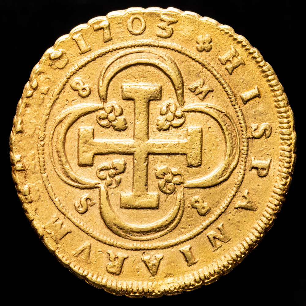 Felipe V. 8 Escudos. (26,93 g.). Sevilla. 1703. Ensayador M. Aureo y Calicó 2269. MBC+. Tipo cruz. Muy rara!