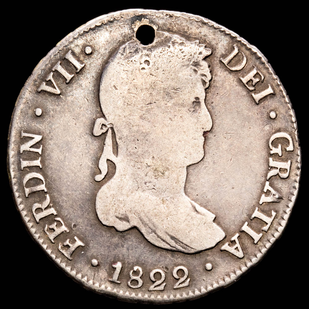 Fernando VII. 4 Reales. (13,18 g.). Potosí. 1822. Ensayador P·J. Aureo y Calicó – 1105. BC+. Agujero a las 12H