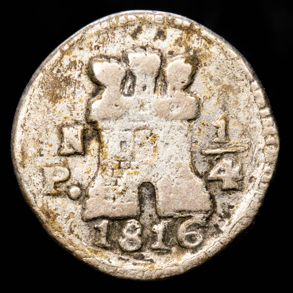 Perú – Fernando VII. 1/4 de Real. (0,72 g.). LIMA. 1816. Aureo y Calicó – 267. F-12. Escasa.