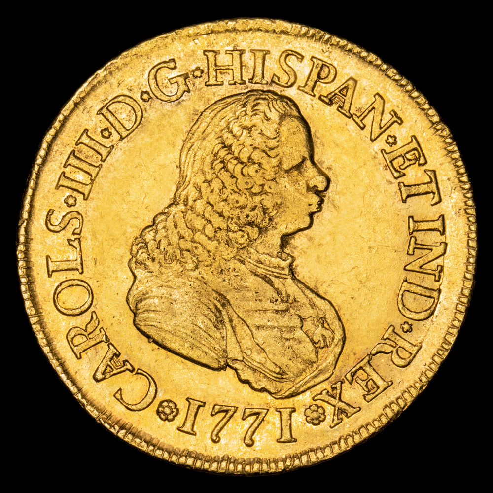 Carlos III. 8 Escudos. (26,96 g.). Popayán. 1771. Ensayador J. AC-2036. EBC. Restos de brillo original. Atractivo ejemplar.