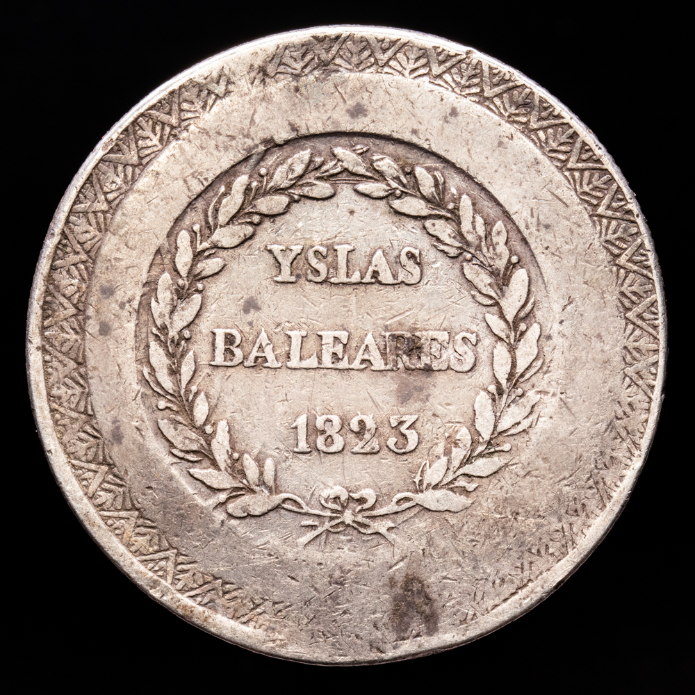 Fernando VII. 5 Pesetas. (26,98 g.). Mallorca. 1823. AC-1300. MBC+. Escasa. Alguna rayita.