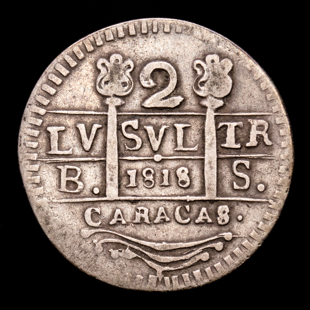 Fernando VII. 2 Reales. (4,44 g.). Caracas. 1818. Ensayador B·S. Aureo y Calicó-740. MBC+. Leones y castillos sin F·/ en anverso