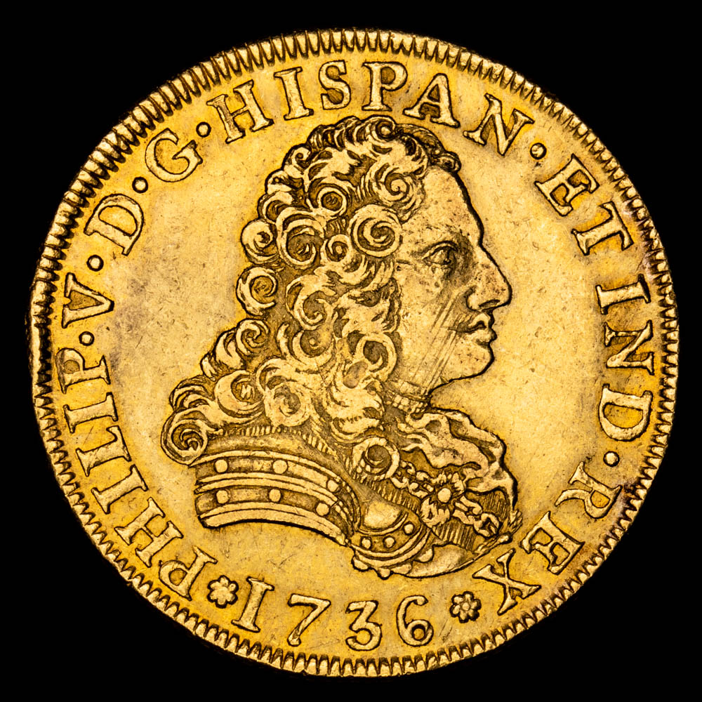 Felipe V. 8 Escudos. (27,03 g.). México. 1736. Ensayador M·F. Aureo y Calicó – 2235. MBC+. Rara. Golpes en canto.