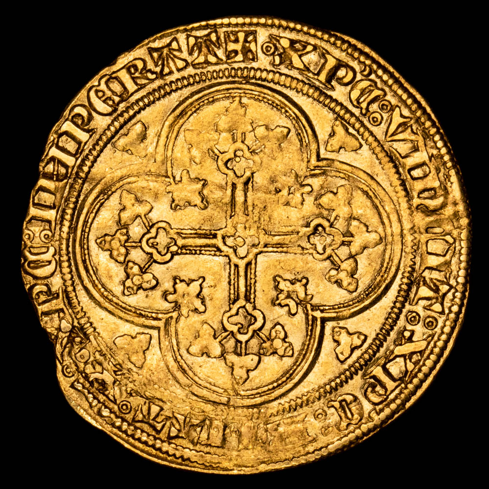 FRANCIA. Felipe VI. Real de oro. A/ +PHILIPPVS DEIx GRAxx FRANCORUNx REX. R/ +:XP’C:VINCIT; XP’C: REGNAT:XP’C:INPERAT. Un sólo punto al inicio de la ley. del rev. FR-270. EBC. (4,46 g.).