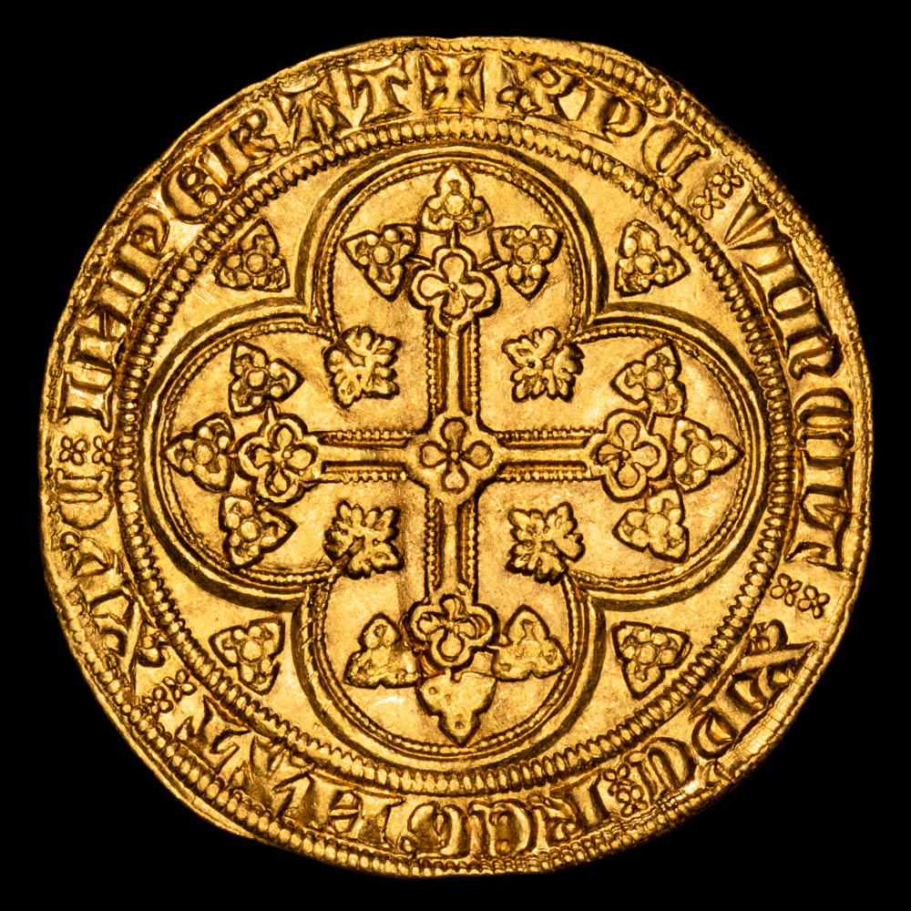FRANCIA. Felipe VI. Real de oro. A/ +PHILIPPVS DEIxGRAx FRANCORVNREX. R/ XP’C VINCITT XP’C REGNAT XP’C INPERAT. Separación de las leyendas por dos pequeñas aspas. FR-270. EBC(4,45 g.).