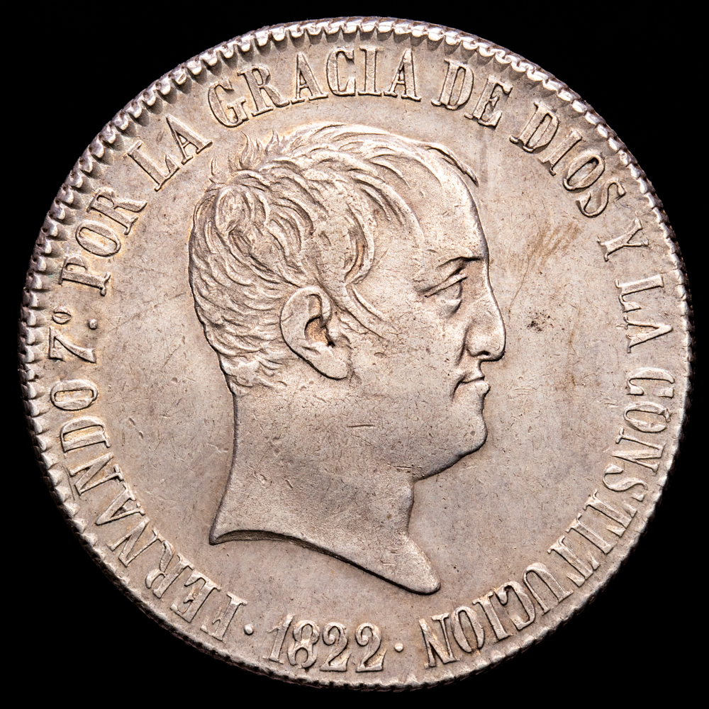 Fernando VII. 20 Reales. (27,21 g.). Madrid. 1822. Ensayador S·R. Aureo y Calico-1282. MBC+. Bonita pátina