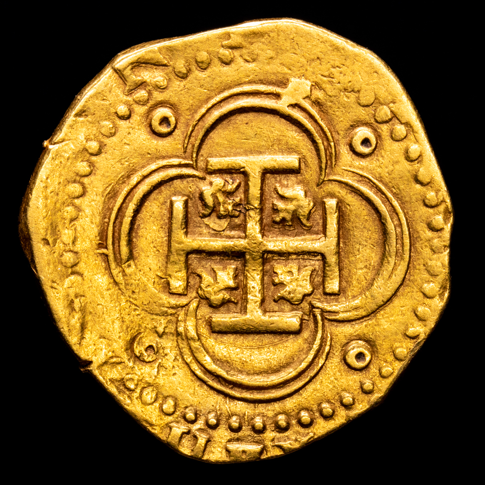 Felipe II. 4 Escudos. (13,46 g.). Sevilla.1590. Ensayador “D cuadrada”. Aureo y Calico-893. MBC+. Rara.