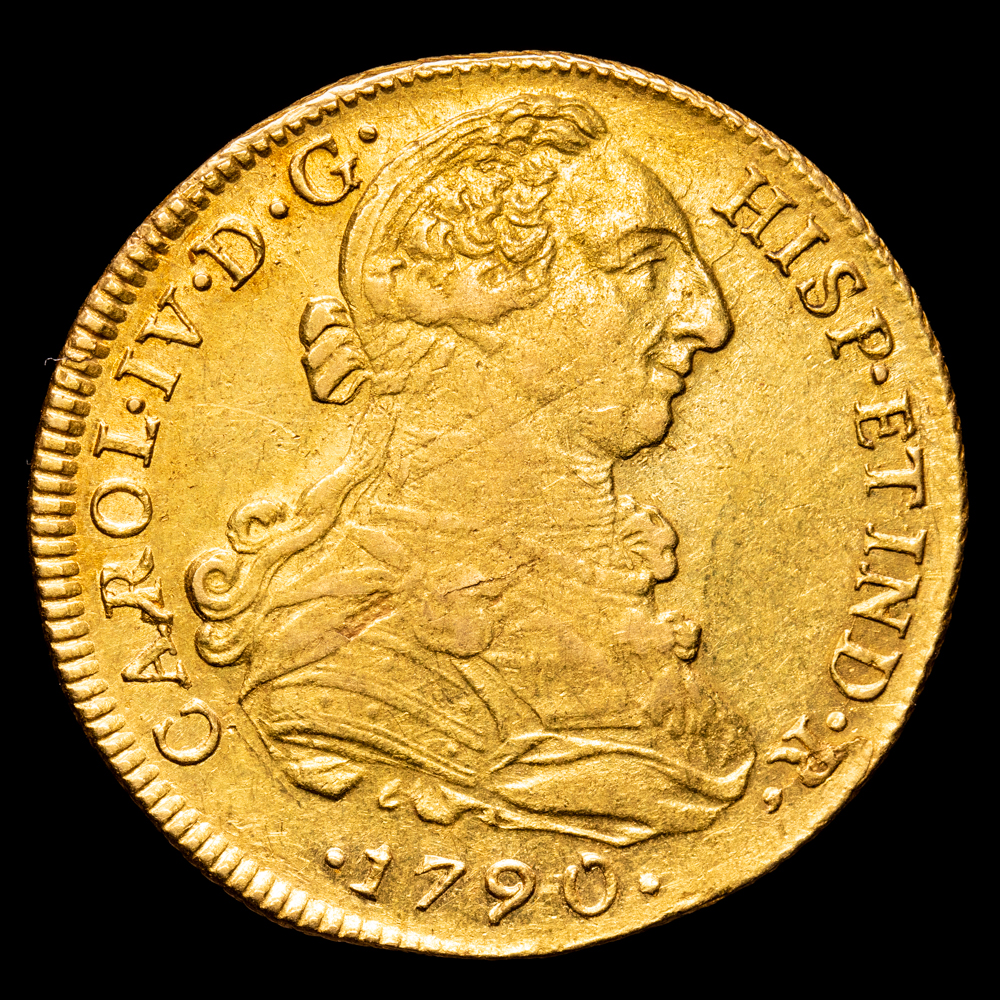 Carlos IV. 8 Escudos. (27,02 g.). Lima. 1790. Ensayador I·J. Aureo y Calico – 1589. MBC+/EBC. Restos de brillo original. Busto de Carlos III ordinal Carlos IV