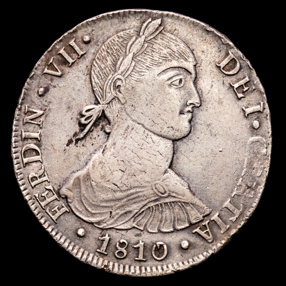 Fernando VII. 8 Reales. (26,69 g.). Lima. 1810. Ensayador J·P. Aureo y Calico – 1214. MBC+.