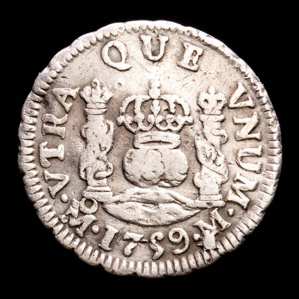 Fernando VI. 1/2 Real. (1,65 g.). México. 1759. Ensayador M. Aureo y Calicó – 98. MBC. Tipo columnario.
