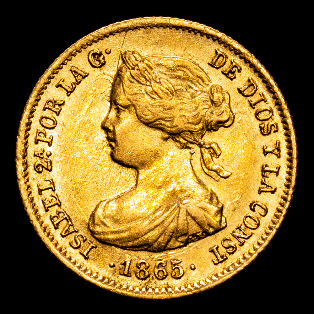 Isabel II. 2 Escudos. (1,69 g.). Madrid. 1865. AC-675. MBC+.