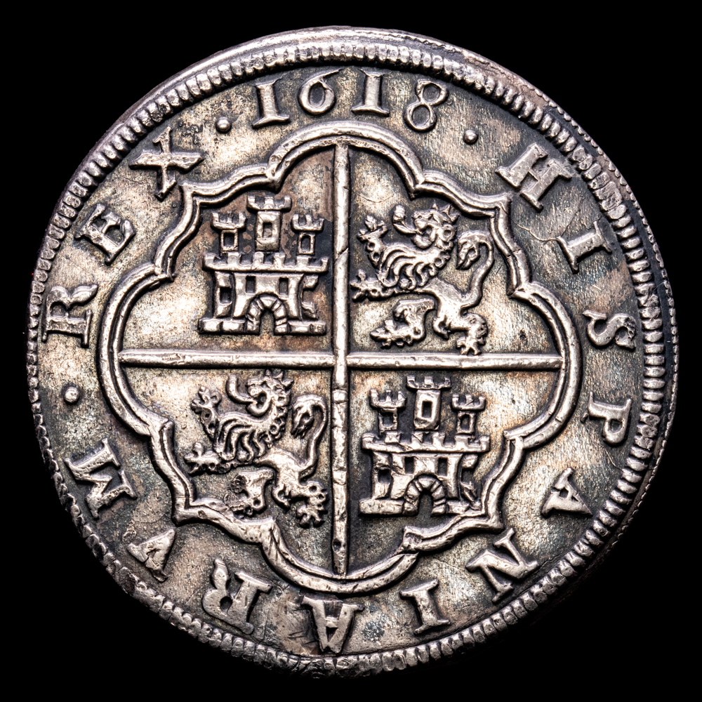 FELIPE III. 8 Reales. 1618. SEGOVIA. Una superada de cruz. 26,84 grs. Cinco flores de lis en escudo. ESCASA. AC 949 . MBC+. Agujero reparado a las 6 H.