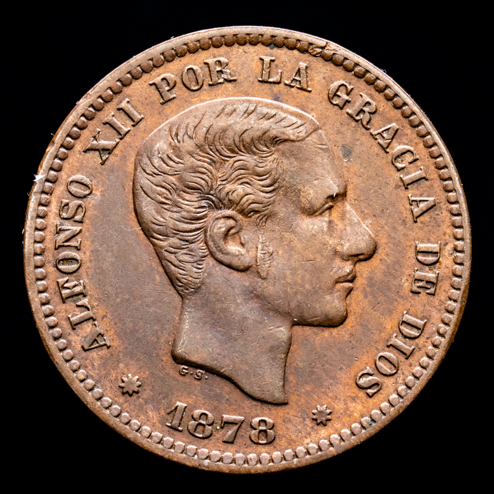 Alfonso XII. 5 Céntimos. (5,09 g.). Barcelona. 1878. Ensayador D·M. Aureo y Calicó – 5. EBC+. Restos de brillo original.