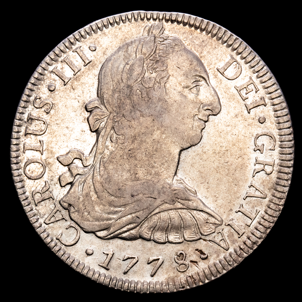 Carlos III. 8 Reales. (26,75 g.). México. 1778. Ensayador F·F. Aureo y Calicó-11717. MBC+. 40 mm. Restos de brillo original.
