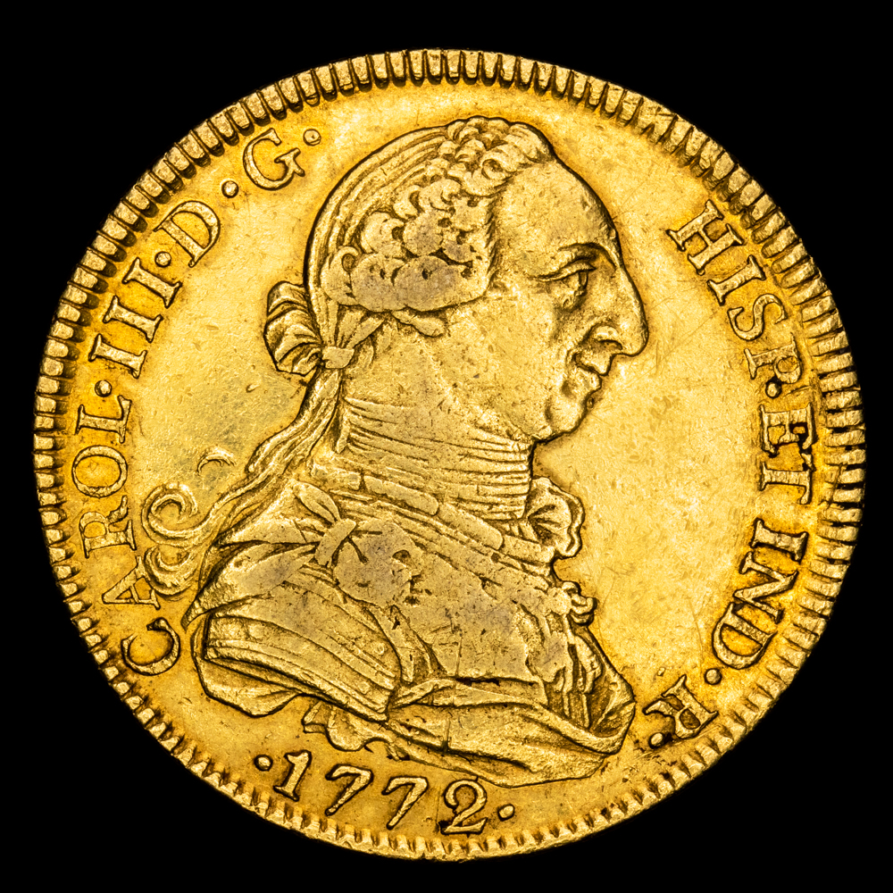 Carlos III. 8 Escudos. (26,93 g.). México. 1772. Ensayador F·M. Aureo y Calicó-1998. MBC+.