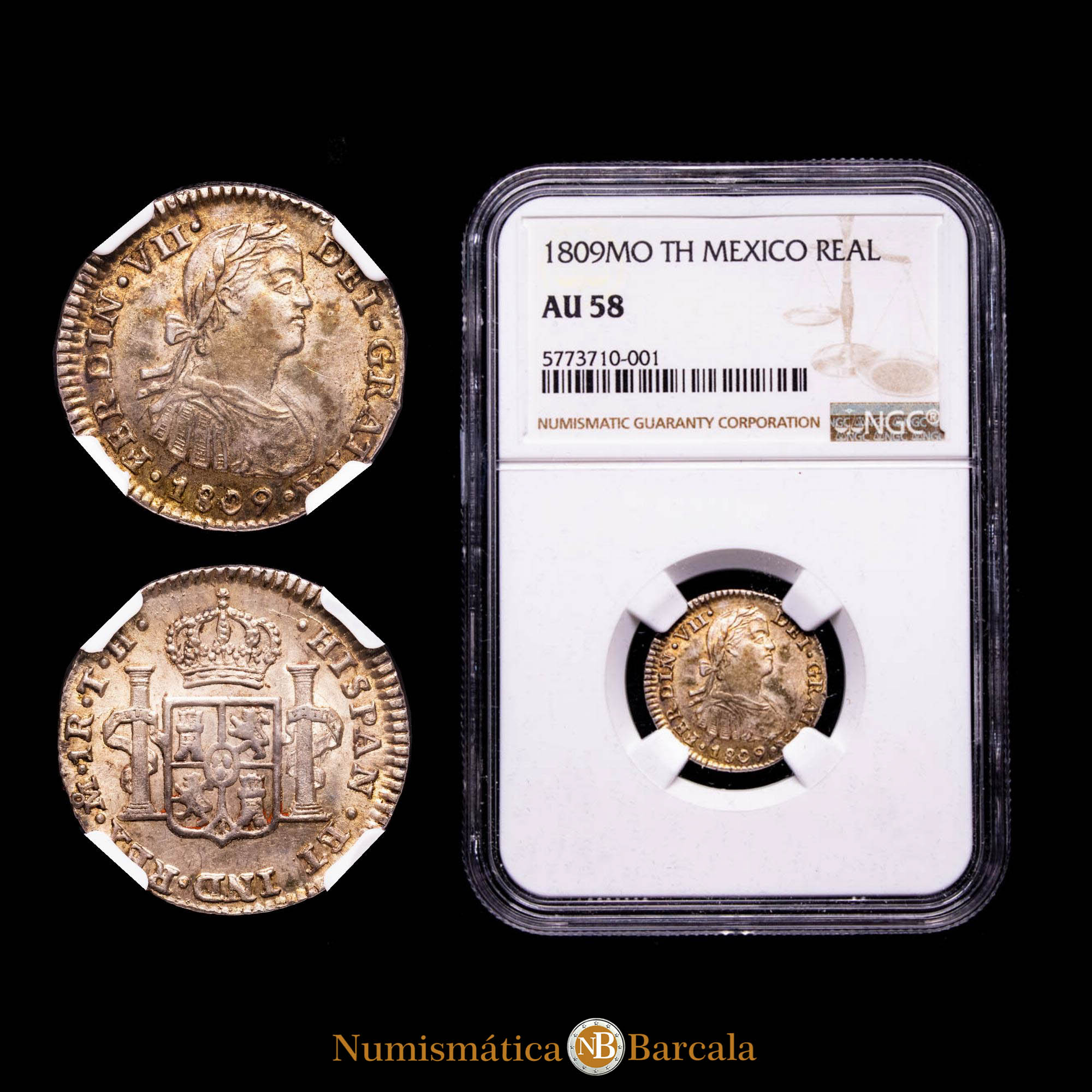 Fernando VII. Real. México. 1809. Ensayador T·H. Busto imaginario.   Encapsulado por NGC AU 58.