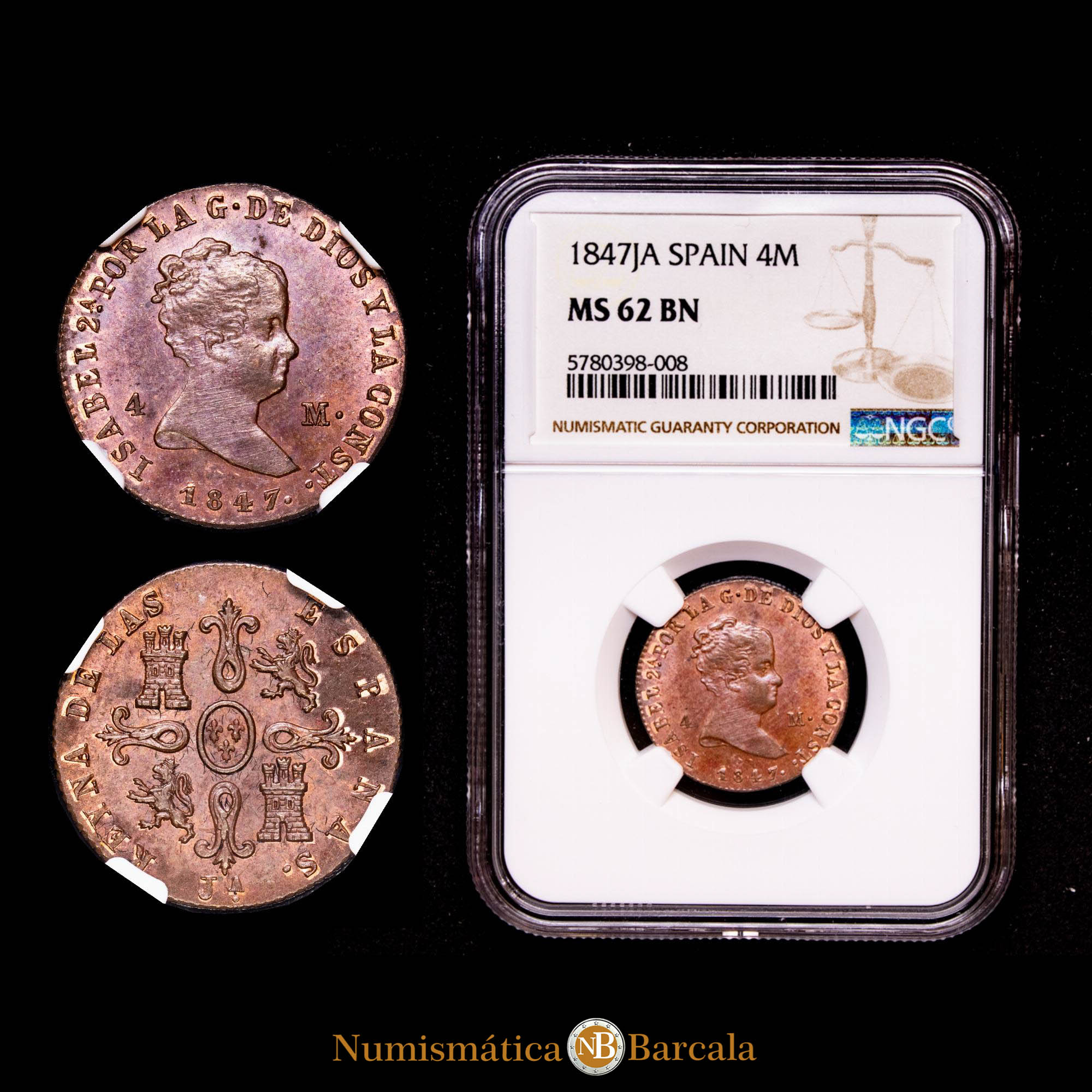 Isabel II. 4 Maravedís. ( g.). Jubia. 1847. Encapsulado por NGC MS 62 BN.