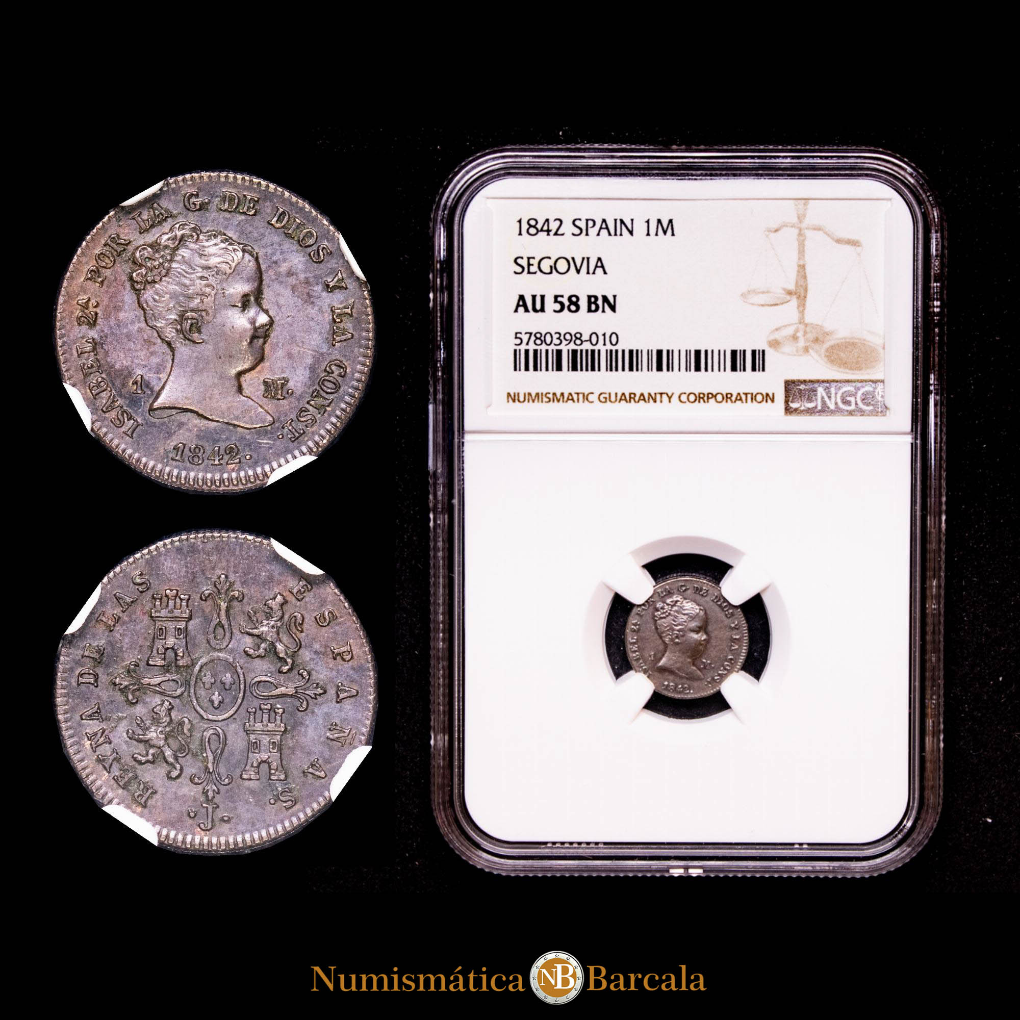 Isabel II. 1 Maravedí.  Jubia. 1842. Encapsulado por NGC AU 58 BN.