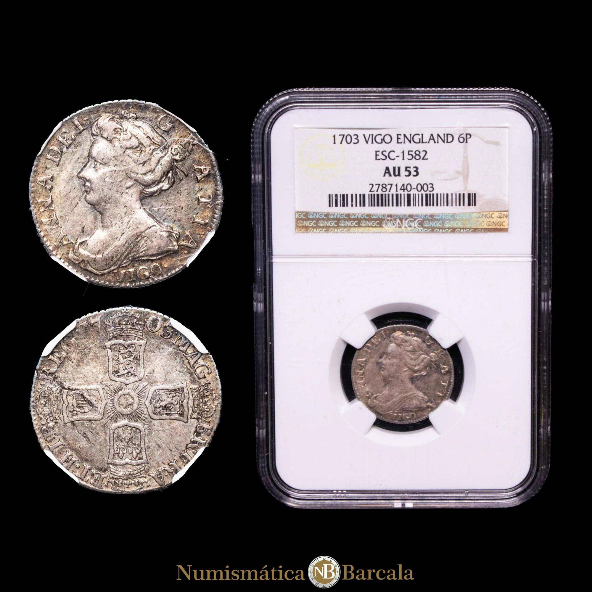 Gran Bretaña – Ana. Escudo (6 Pence).  Vigo. 1703. Encapsulado por NGC AU53.